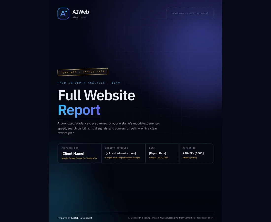 Sample AIWeb Full Website Report cover page. Template with sample data only.